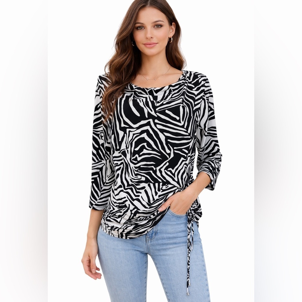 Jones New York Top Black/white Missing Size Tag See Descrip 3/4 Sleeve Tie Side